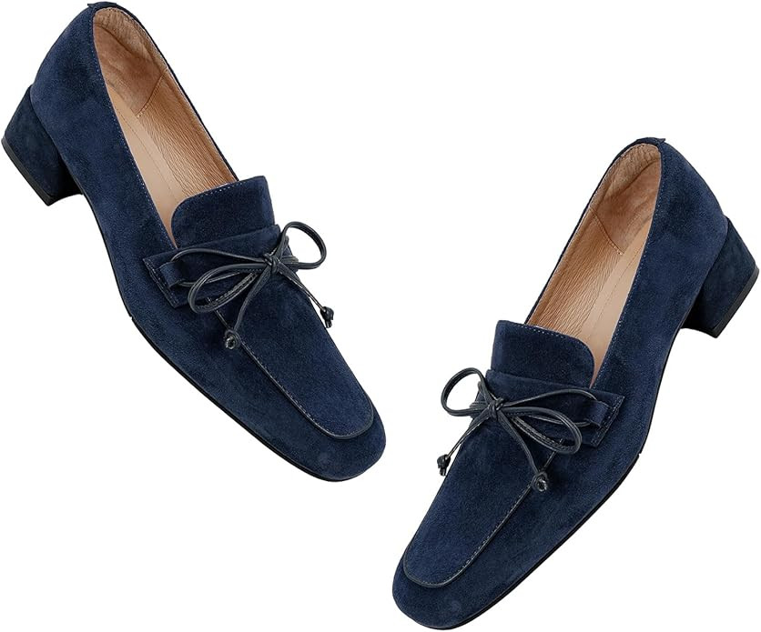 MOOMMO Women Chunky Low Heel Loafers Bow Suede Slip On Closed Square Toe Loafer Shoes Oxfords Com... | Amazon (US)
