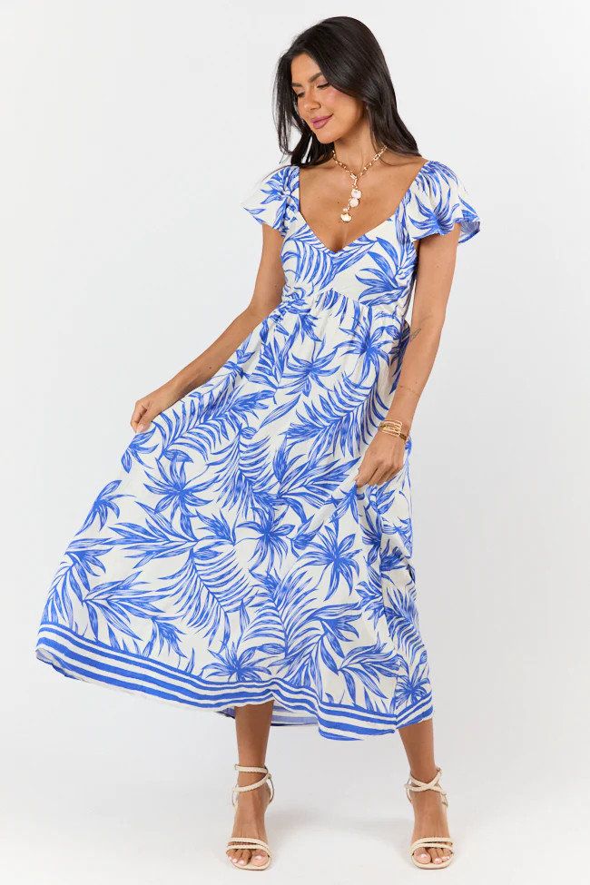Palm Oasis Blue and White Leaf Printed Midi Dress | Pink Lily