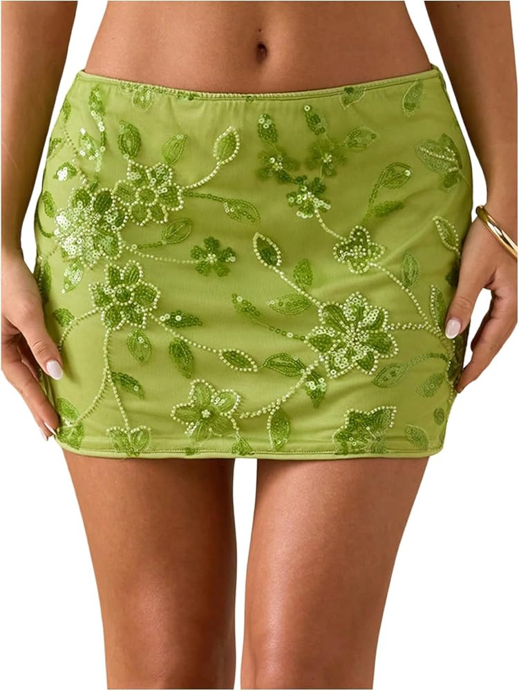 Floerns Women's Floral Sequin Mini Skirts Low Rise Sparkly Beaded Beach Bodycon Skirts | Amazon (US)
