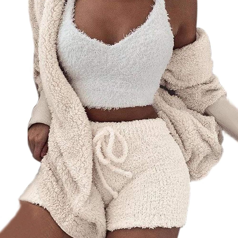Womens Sexy Fuzzy Warm Sherpa Fleece 3 Piece Outfit Fleece Coat Jacket Outwear and Spaghetti Strap C | Amazon (US)