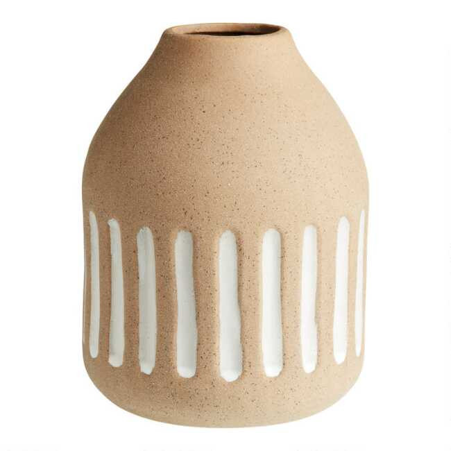 Sandy White Textured Stripe Ceramic Vase | World Market