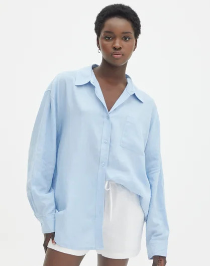 Long Sleeve Linen Blend Shirt in Blue Jeans | Glassons | Glassons (NZ)