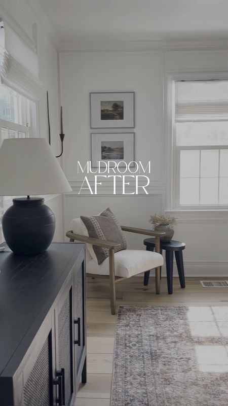 Mudroom finds! Black storage cabinet, boucle accent chair, wall sconce, black mirror

#LTKhome
