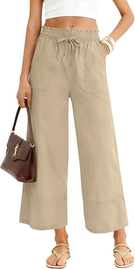 LOMON Women's Casual Wide Leg Pants Drawstring Elastic Waist Flowy Palazzo Pants with Pockets | Amazon (US)