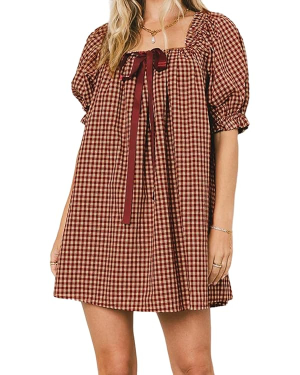 Women Gingham Mini Dress Y2k Square Neck Puff Sleeve Short Dresses Tie Front Plaid Babydoll Dress | Amazon (US)