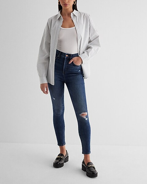 Super High Waisted Dark Wash Ripped Skinny Jeans | Express