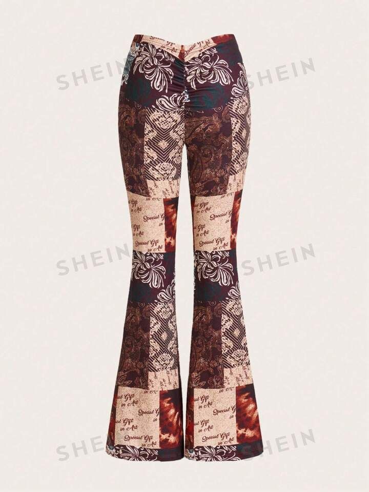 SHEIN ICON Patchwork Print Drawstring Waist Wide Leg Pants For Casual Wear | SHEIN
