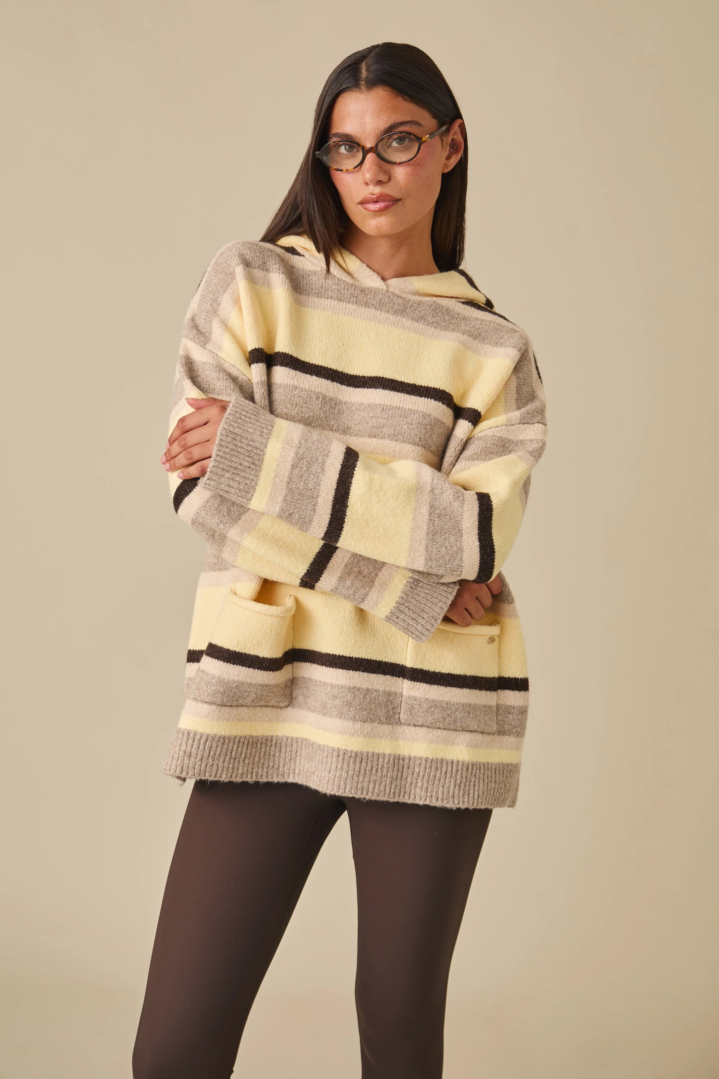 Stripe Oversized Knitted Hoodie - Oatmeal | Reasn