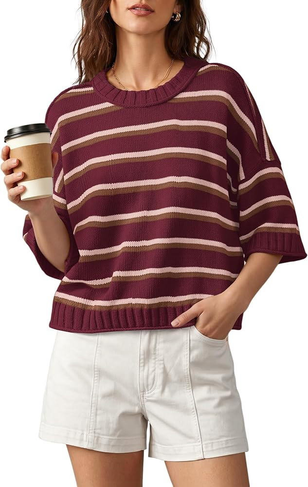 Nirovien Womens Short Sleeve Striped Sweater Crewneck Knitted Fall Sweaters | Amazon (US)