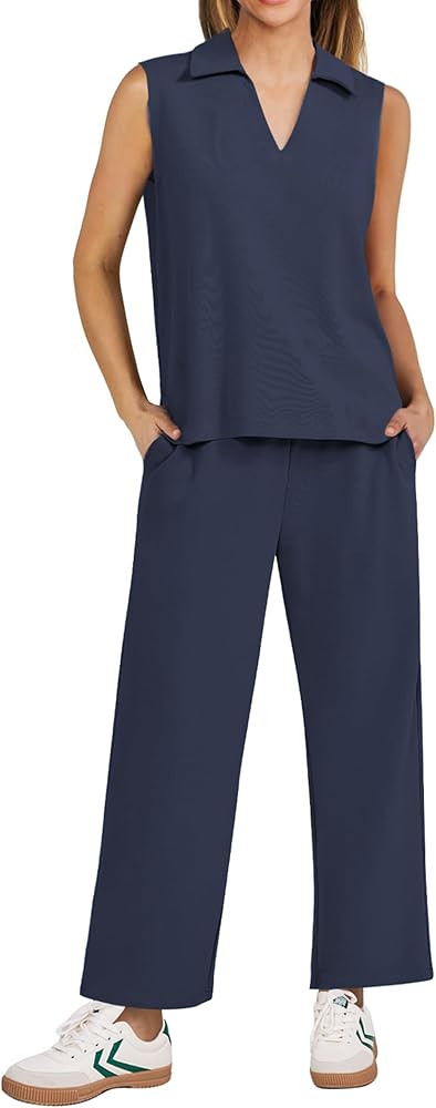 PINSPARK Two Piece Sets for Women Sleeveless Outfits Travel Tracksuit V Neck Top Wide Leg Pant Lo... | Amazon (US)