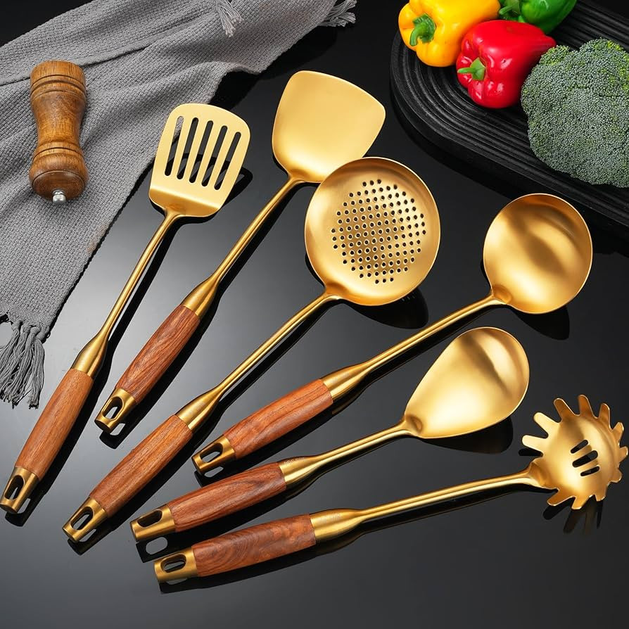 Gold Kitchen Utensils Set with Wooden Handle, 6 PCS Professional Stainless Steel Cooking Utensils... | Amazon (US)