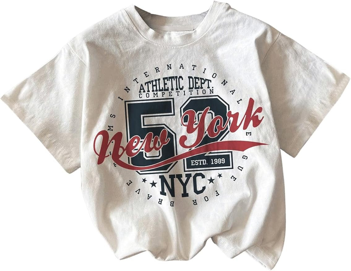 RoseSeek Women's Graphic Letter Tee Crew Neck Trendy Summer Vintage T Shirt | Drop Shoulder, Shor... | Amazon (US)