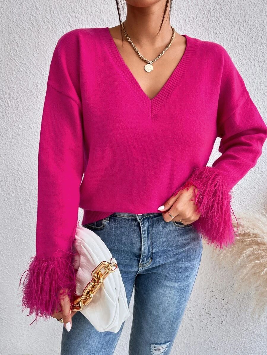 Fuzzy Cuff Drop Shoulder Sweater SKU: sw2208184525286701(20 Reviews)Trending - Barbiecore$22.00Ma... | SHEIN