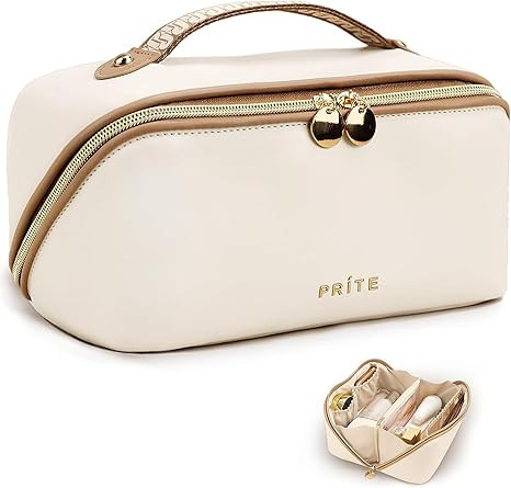 Prite Makeup Bag for Women Travel Waterproof Vegan Leather Cosmetic Bag Open Flat Toiletry Bag Wi... | Amazon (US)