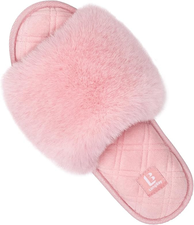 LongBay Women's Fuzzy Faux Fur Memory Foam Cozy Flat Spa Slide Slippers Comfy Open Toe Slip On Ho... | Amazon (US)