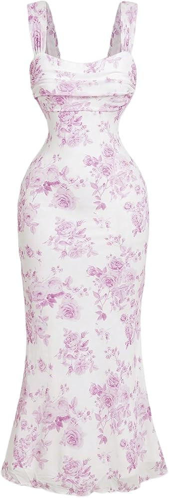 GORGLITTER Women's Floral Ruched Bodycon Summer Wedding Guest Dress Mesh Fishtail Cocktail Midi S... | Amazon (US)