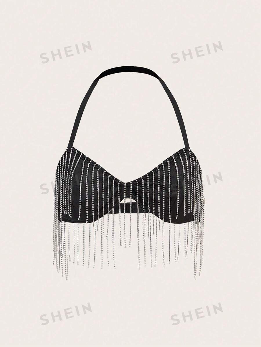 SHEIN ICON Rhinestone Fringe Trim Halter Top | SHEIN