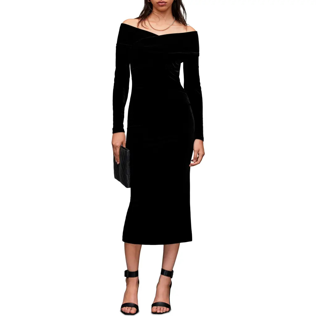 AllSaints Delta Off the Shoulder Long Sleeve Velvet Midi Dress in Black at Nordstrom, Size 6 Us | Nordstrom