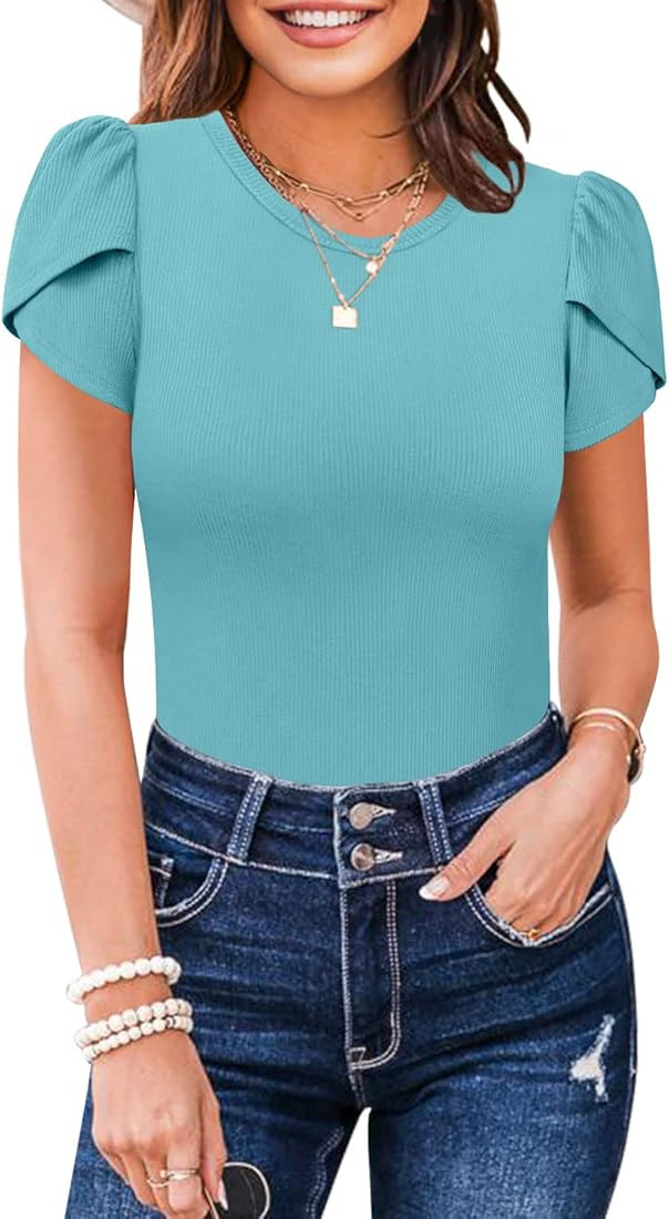 MIHOLL Women's Short Sleeve Shirt Round Neck Summer Casual Blouses Tops | Amazon (US)