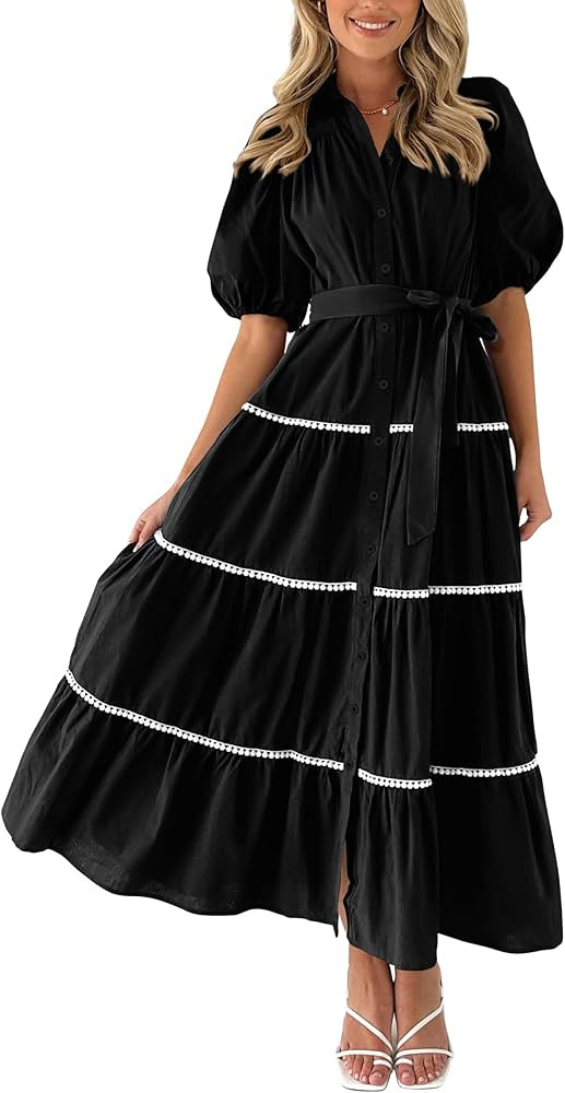 PRETTYGARDEN Women's Summer Button Down Shirt Dress Short Puffy Sleeve Tiered Ruffle Flowy Long M... | Amazon (US)