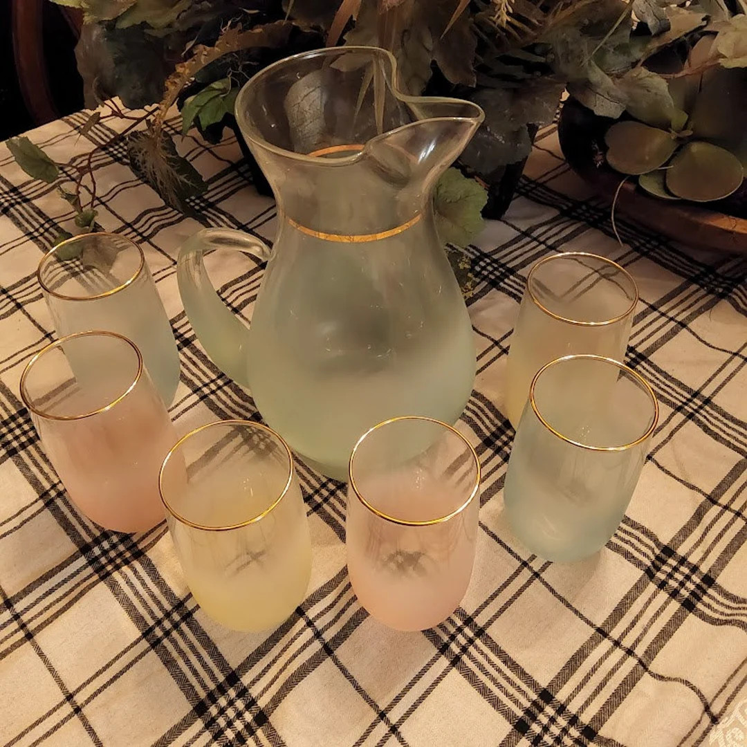 Mind Century Blendo Pastel Frosted Pitcher and Glass Set West Virgina Glass | Etsy (US)