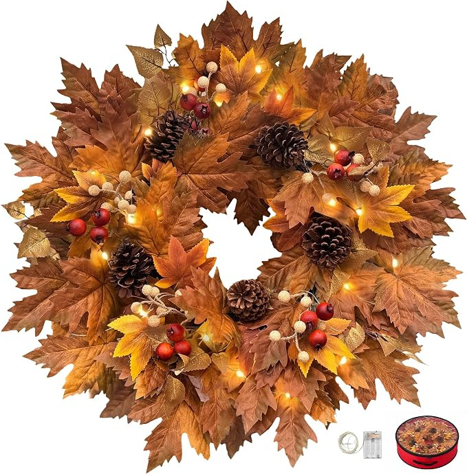 26 Inch Fall Wreaths for Front Door, Pre-Lit Maple Leaf Wreath | Handcrafted Faux Silk Autumn Wre... | Amazon (US)