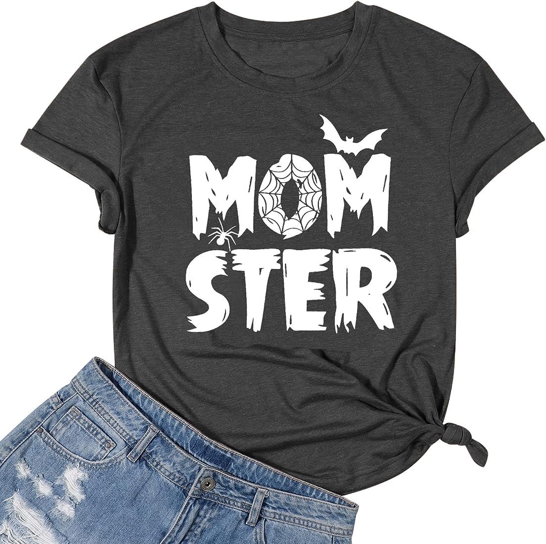 FASHGL Halloween Momster T-Shirt Women Funny Spider Bat Graphic Tee Casual Mom Ster Letter Print Sho | Amazon (US)