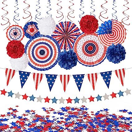 29PCS 4th/Fourth of July Patriotic Decorations Set - Red White Blue Paper Fans,USA Flag Pennant,S... | Amazon (US)