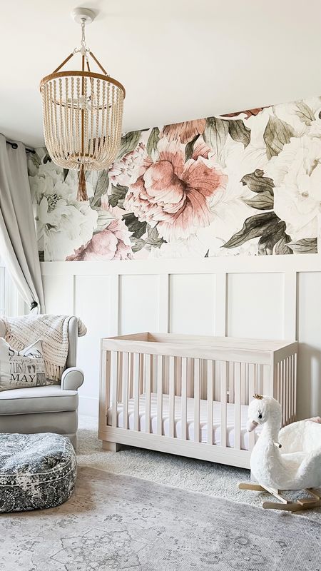 Baby girls room nursery kids bedroom crib blush vintage floral pink wallpaper wood beaded chandelier light fixture pendant lighting wingback rocker recliner washable area rug swan rocking horse chair baby statistic pillow cover 

#LTKhome #LTKkids #LTKbaby