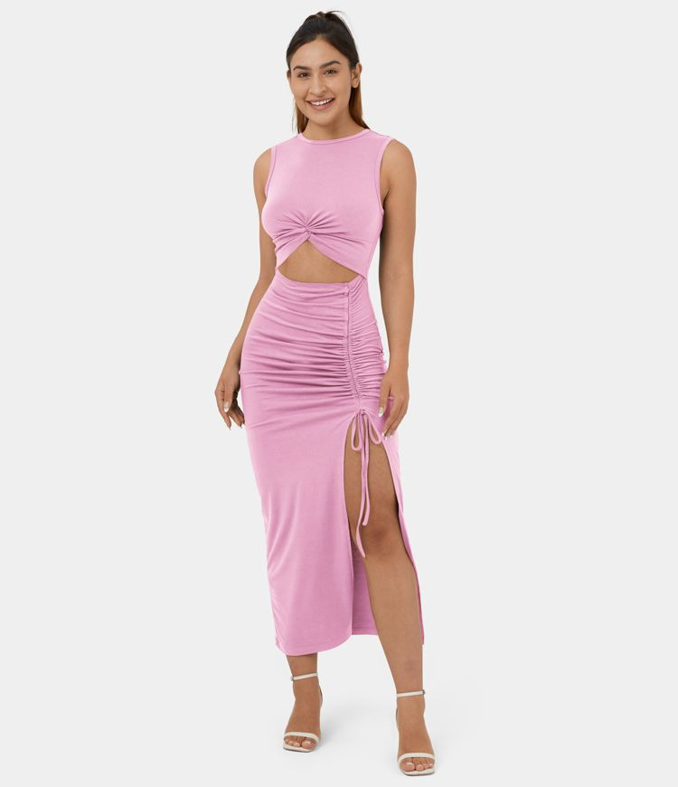 Women’s Round Neck Twisted Cut Out Ruched Drawstring Split Hem Bodycon Midi Casual Dress - Hala... | HALARA