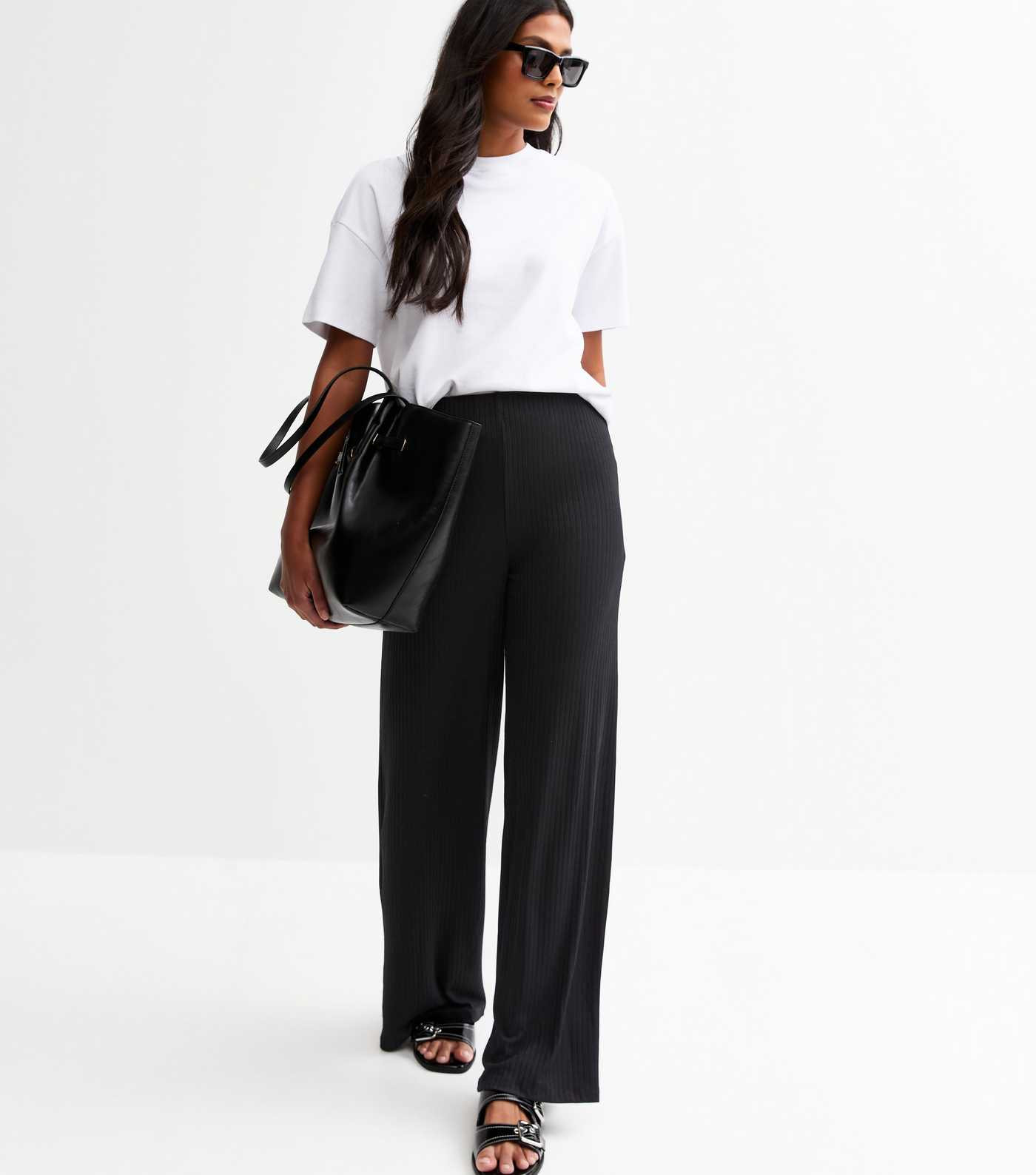 Black Ribbed Wide Leg Trousers | New Look | New Look (UK)