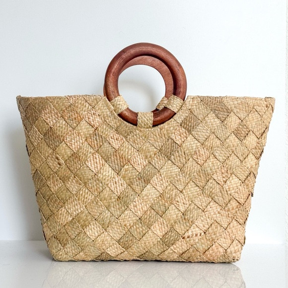 Natural Woven Straw Tote with Wooden Handles | Poshmark