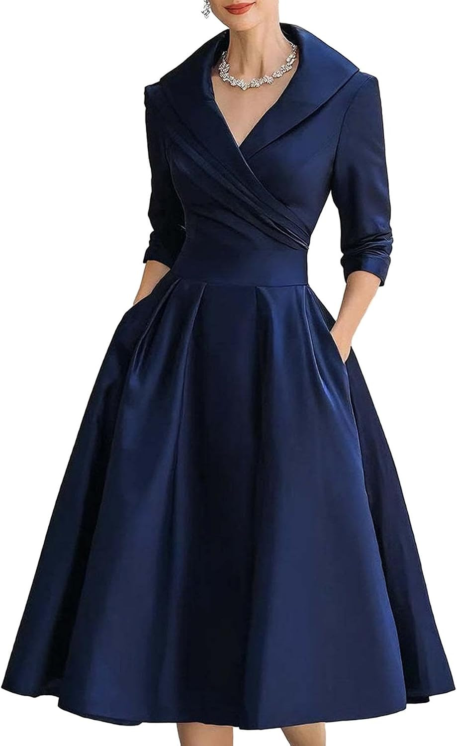SHINFY Women's Satin Formal Wrap Long Sleeve A Line Midi Church Dress | Amazon (US)