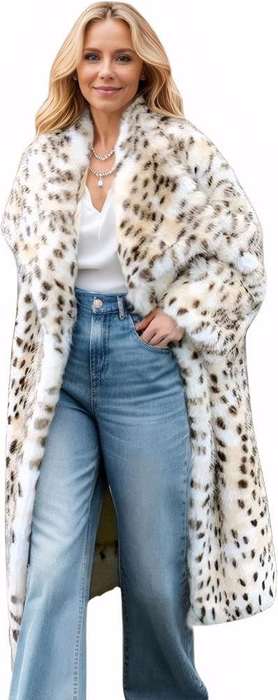 Fashion Lapel Leopard Faux Fur Overcoat Winter Warm Maxi Outerwear for Women | Amazon (US)