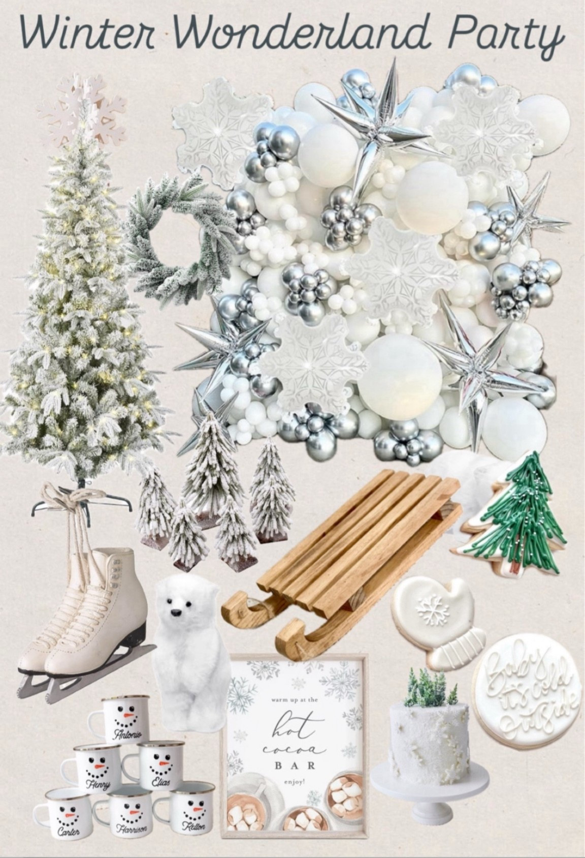 Winter wonderland party
Winter onederland 
First birthday party
Baby shower
Gender neutral baby shower
Snowflakes
Party Decor
Party theme
Sled
Ice skates
Party planner
Balloon backdrop
Flocked tree
Cookies
Polar bear
Hot cocoa bar
Hot chocolate bar
Wreath
Winter party
Kids party
Bridal shower#LTKParties 

#LTKKids