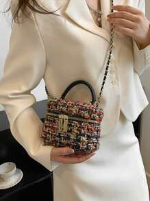 Lightweight,Business Casual Lightweight, Portable Casual, Fashion Mini Plaid Pattern Tweed Bucket... | SHEIN