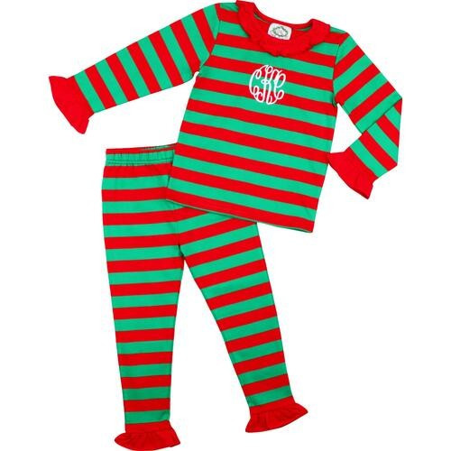 Girls Red And Green Knit Stripe Pajamas - Shipping Early November | Cecil and Lou