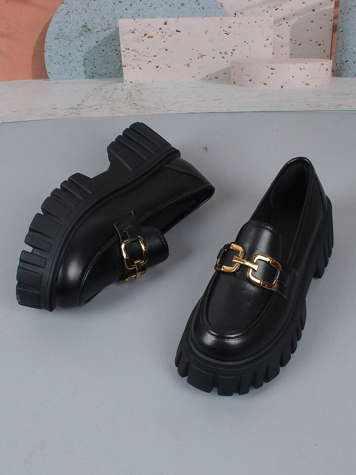 New Lady's Black Wedge Heel Loafers With Buckles, Comfortable Increased Thick-Sole Shoes For Wome... | SHEIN