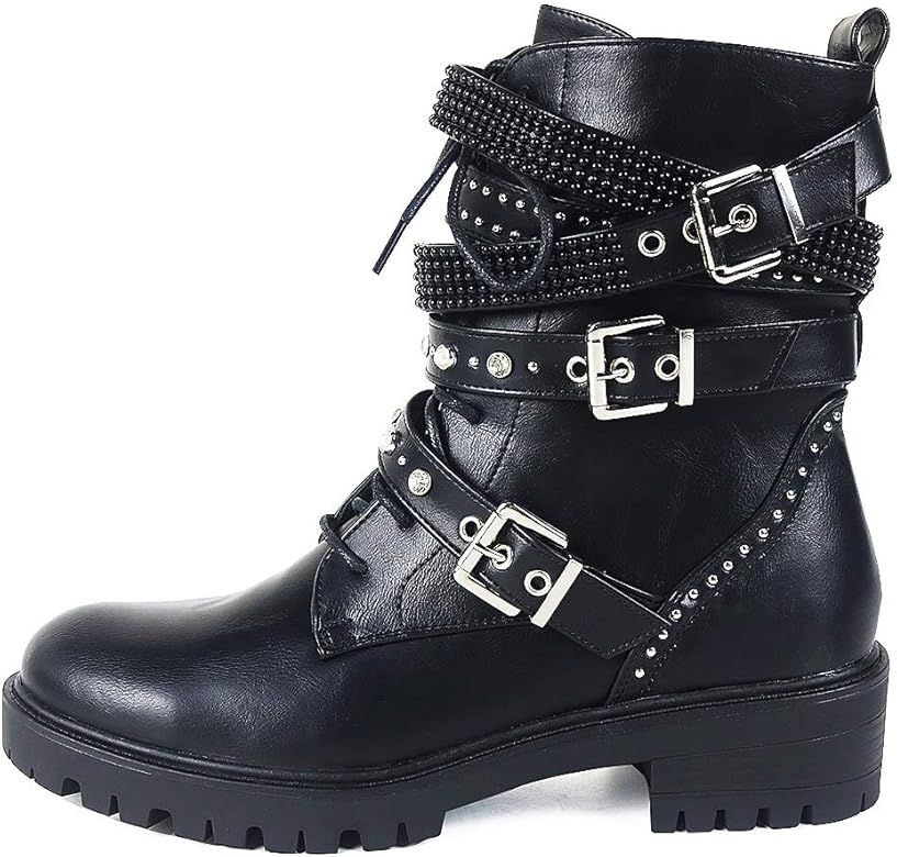 MeiLuSi Lace up Military Combat Boots for Women Fashion Chain Studded Motorcycle Ankle Booties | Amazon (US)