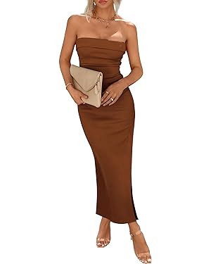 PRETTYGARDEN Women's Summer Bodycon Maxi Tube Dress Ribbed Strapless Side Slit Long Going Out Cas... | Amazon (US)
