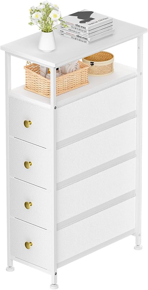 Narrow Dresser for Bedroom, Slim Dresser Storage Tower, Chest of 4 Fabric Drawers with Wood Shelf... | Amazon (US)