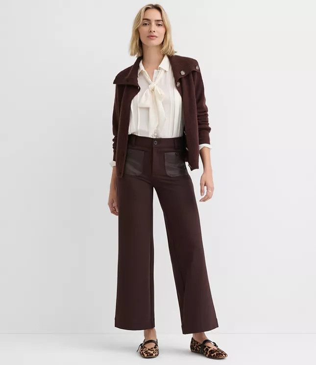 Faux Leather Pocket Palmer Wide Leg Pants in Ponte | LOFT