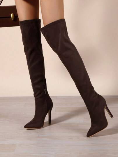 High Heel Elastic Tight-fitting Over The Knee Boots With Side Zipper And Pointed Toe For Women | SHEIN