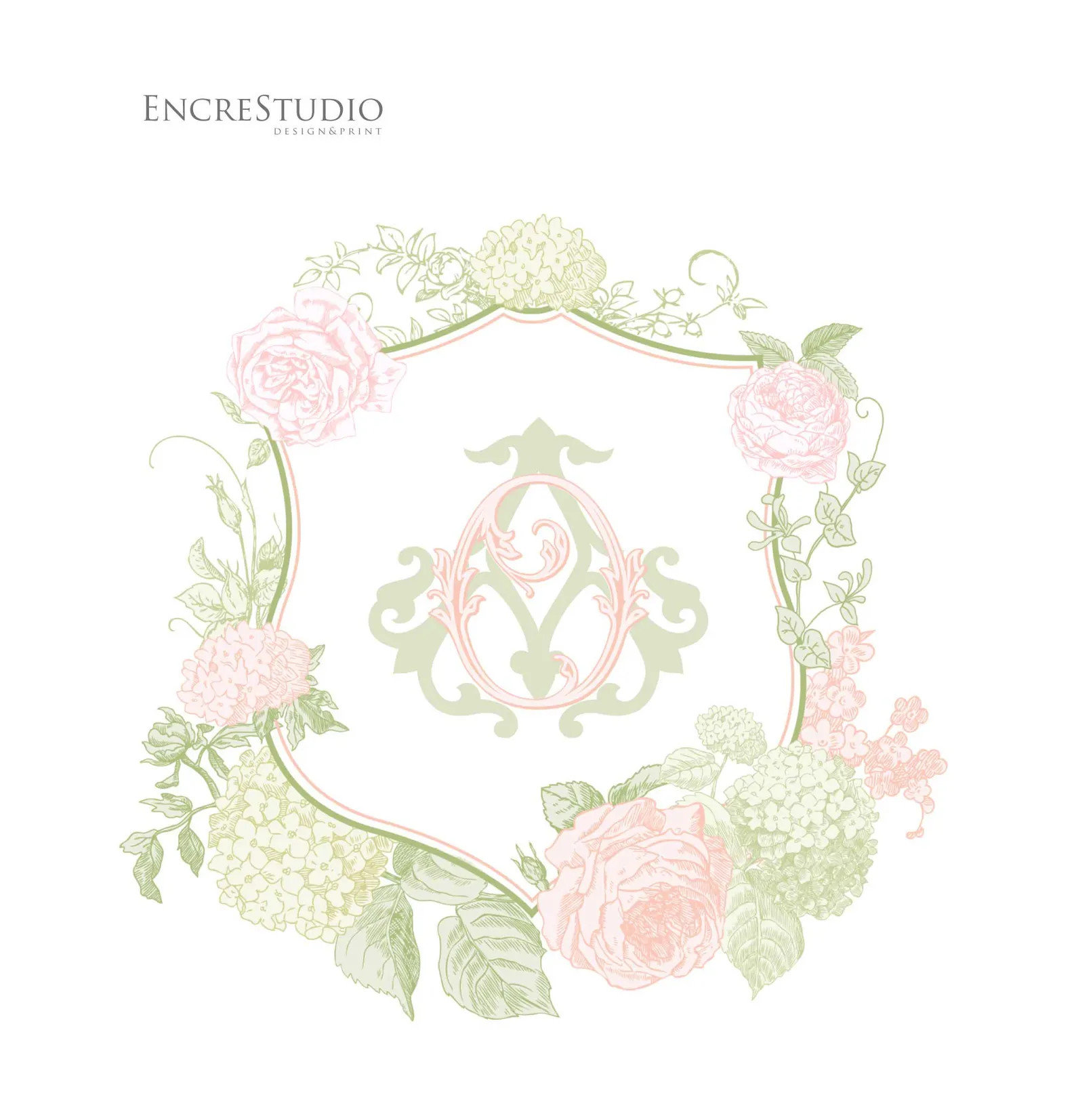 Wedding Crest With Roses & Hydrangea | Blush Pink and Green Floral Logo | Personalized Wedding Mo... | Etsy (Global)