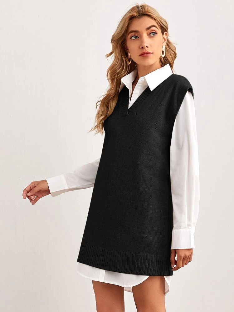 V Neck Sweater Vest Dress Without Blouse Without Belt | SHEIN