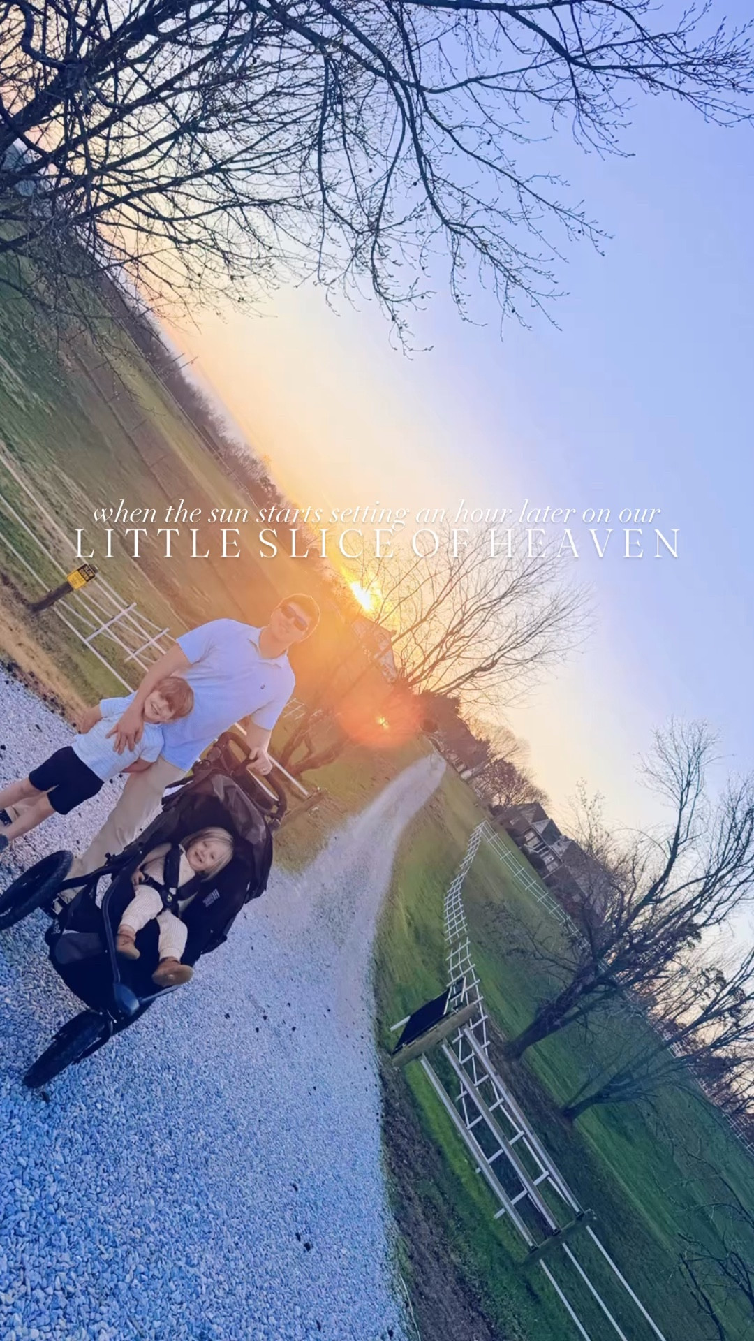 And just like that… post dinner 🍽️ sunset 🌅 evening walks season is B A C K  y’all!!! 😍 And what an actual  
d r e a m 💭 they will be here out on the farm!!! 🚜🌾 #sunsetonthefarm #springforward #springsunsetsareback #myfavoritetimeofyear 

I’ll never get over that **this** is our driveway up to our sweet farmhouse on the hill 🏡🌾 and that our evening walks will get to look like this from now on!! 🫶🏽🌸 What a gift from God this place is!! 🌅 #farmdreamcometrue 

#LTKHome #LTKmomlife #LTKKids