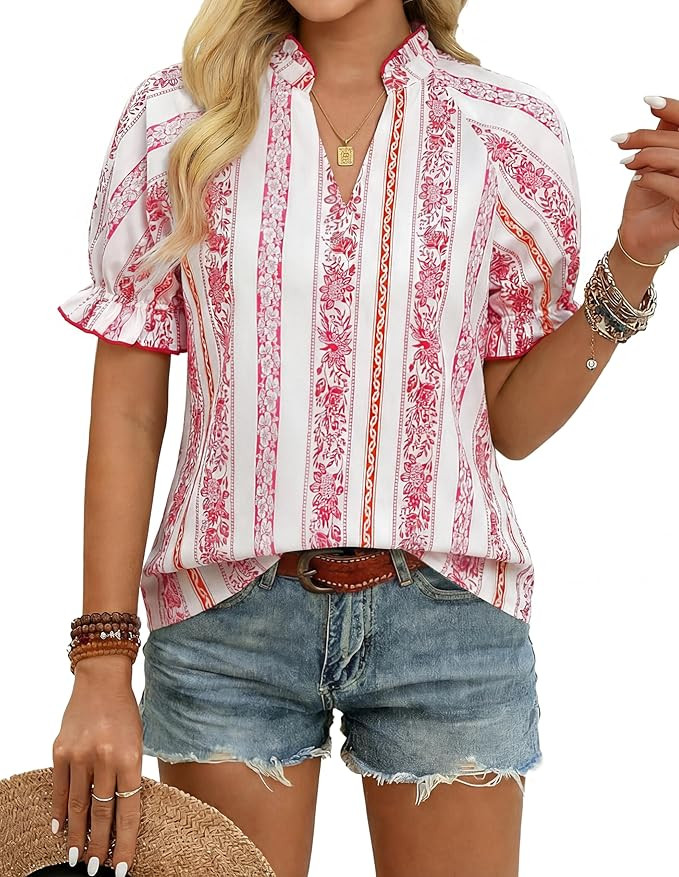 GRACE KARIN Womens Boho Summer Tops,V Neck Short Sleeve Blouses Casual,Floral Print Cotton Shirts... | Amazon (US)