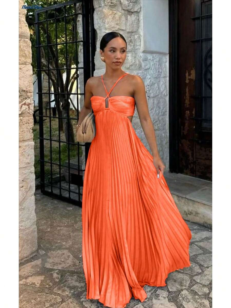 Women's Spaghetti Straps Maxi Dress Flowy Pleated Swing Beach Long Dress Low Backless Sundress | SHEIN