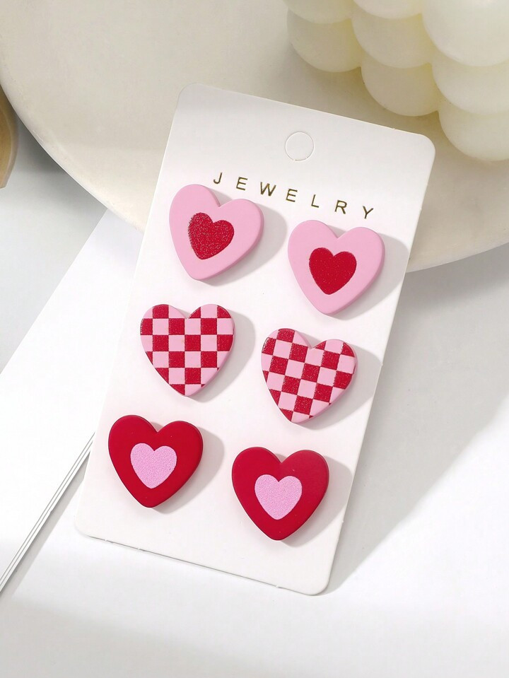1card/3pairs Valentine's Day Gift For Women - Romantic & Sexy Heart & Checkerboard Pattern Pink C... | SHEIN