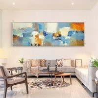 Blue Orange Colorful Geometric Painting On Canvas, Long Horizontal Framed Wall Art, Livingroom Bedroom Art Decor, Modern | Etsy (US)